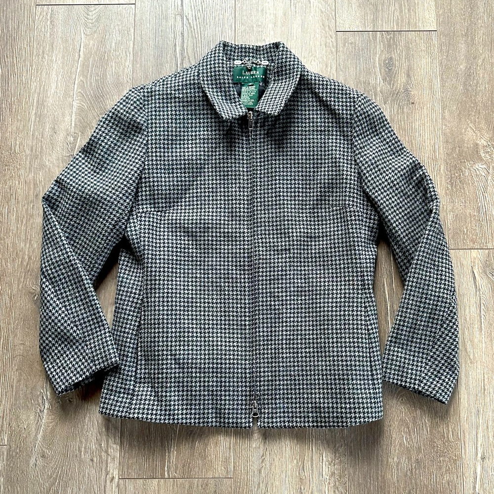 Lauren Ralph Lauren Houndstooth Check Lambswool Blazer Jacket Zip Up Women Sz 12